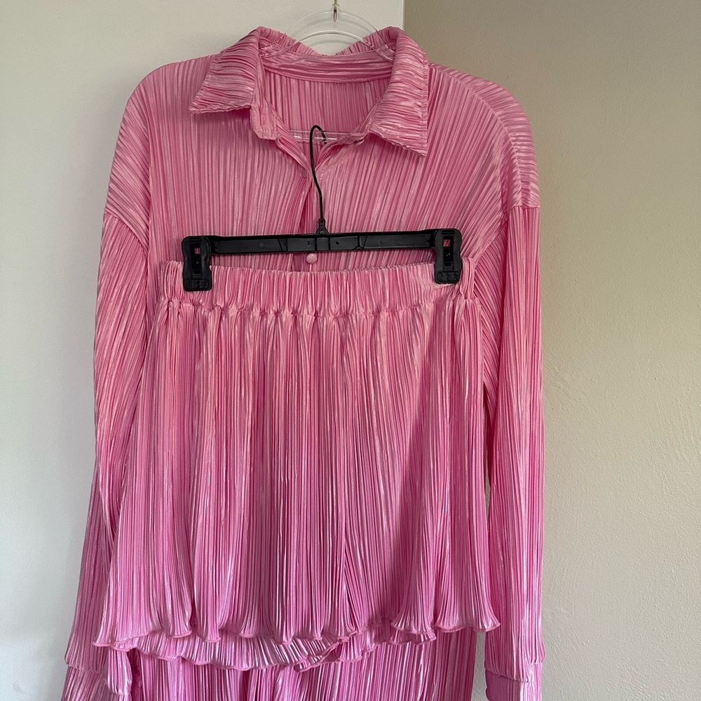 Pink Pleated Button Up Top and Shorts Set